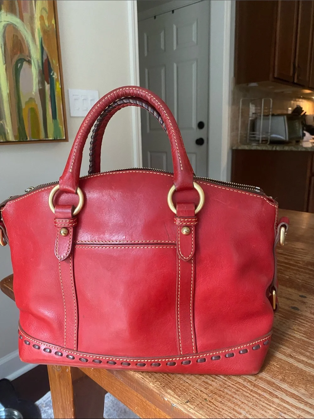 Dooney & Bourke Florentine Janine Red Leather Satchel Whip Stitching Top Handles